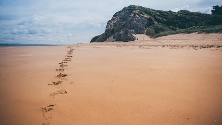 sandy beach with footprints.