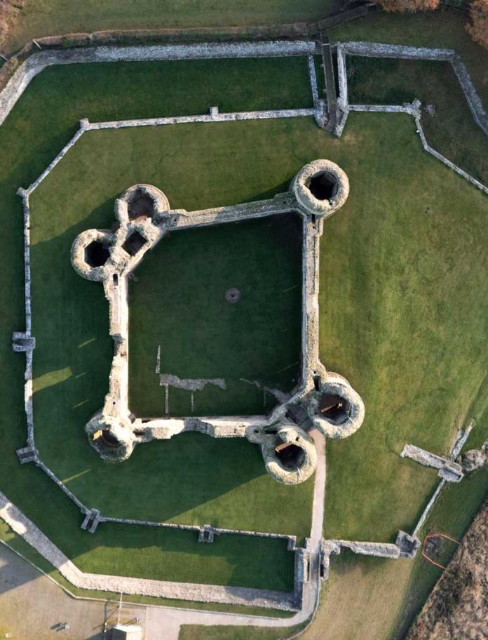 Aerial North view of Rhuddlan Castle, North Wales