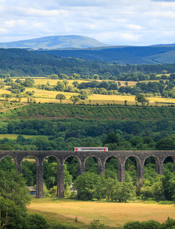 A single carriage train going over a long stone viaduct.