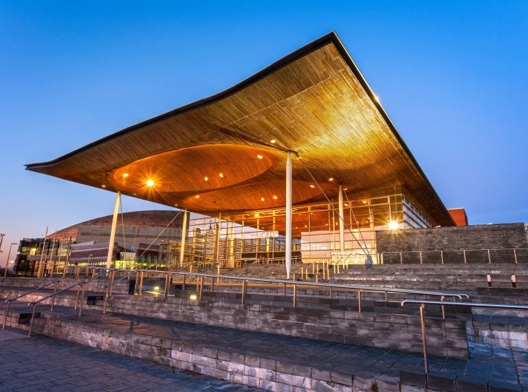Exterior view of the Senedd in Cardiff Bay.