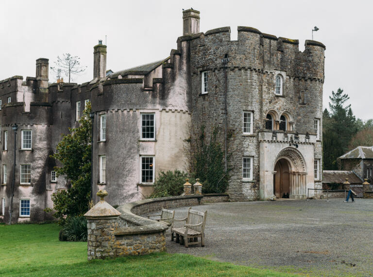The front entrance to a castle-style building.