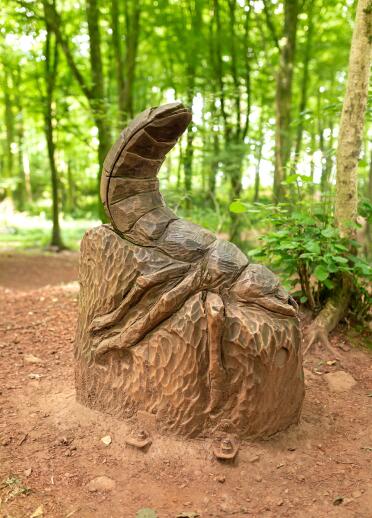 Eine hölzerne Skulptur in einem Wald.