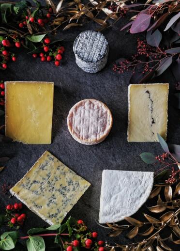 Eine Auswahl von sechs verschiedenen Käsesorten auf einer Platte