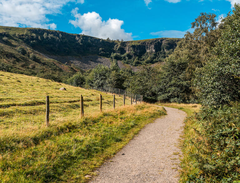 Ein Wanderweg rund um ein Feld mit einem grünen Steilhang im Hintergrund.