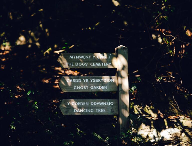 A wooden signpost pointing to The Dogs' Cemetery, Ghost Garden Dancing Tree.