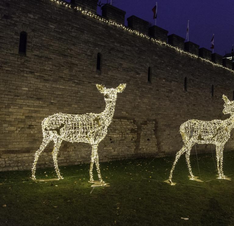 Large illuminated deer Christmas decorations outside Cardiff Castle walls.
