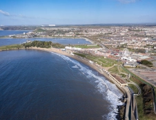 Barry Island from above showing funfair and beach.