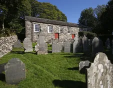 A stone built chapel as seen from the graveyard.