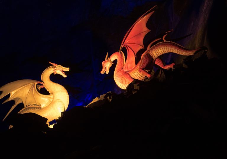 Two Welsh Dragons lit up in the dark.