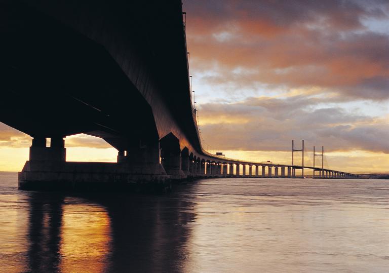 The Prince Wales Bridge crossing the river Severn with the sun going down.