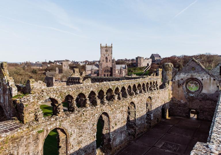 Bishop's Palace with St Davids Cathedral in the background.