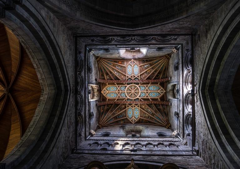 Image of a part of the St Davids Cathedral ceiling with ornate detail.