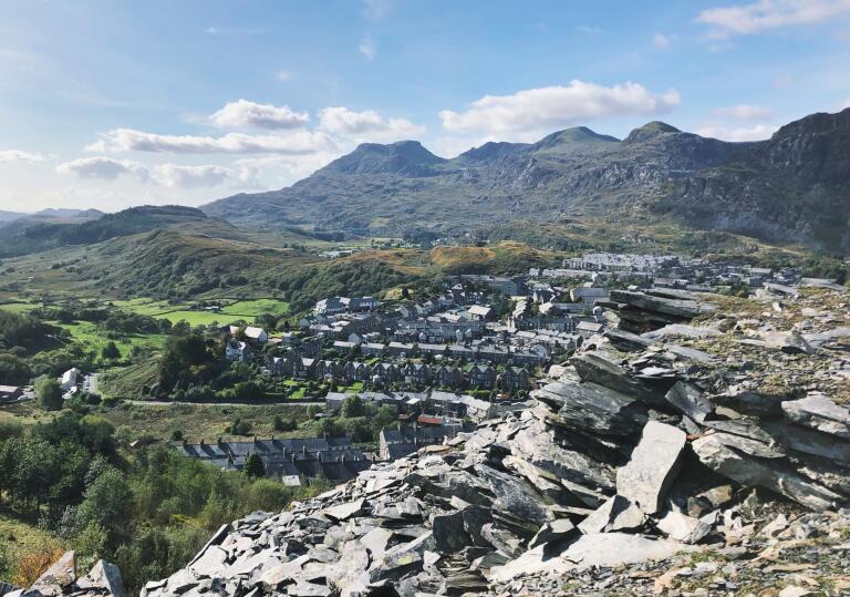 View of Blaenau Ffestiniog with mountains in the background