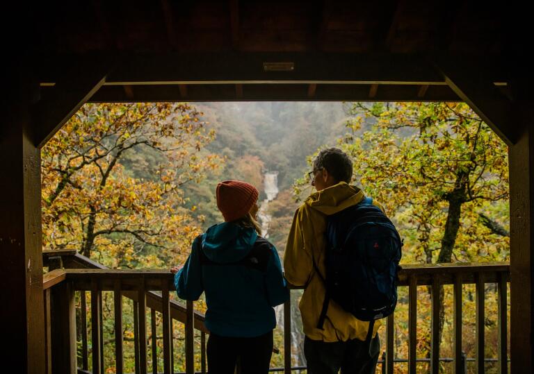 Couple looking out at a waterfall 