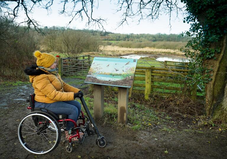 A woman using a wheelchair looking at an info board by a pond.