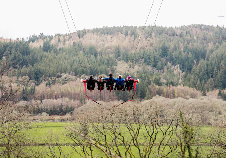 Five people on a massive swing.