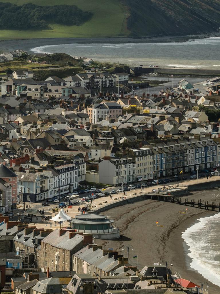 An aerial shot of Aberystwyth town and seafront.