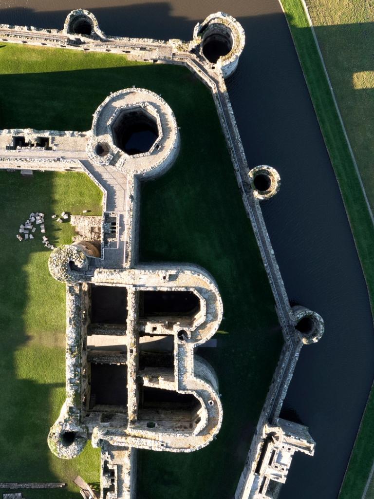 A direct aerial shot of the walls of a castle.