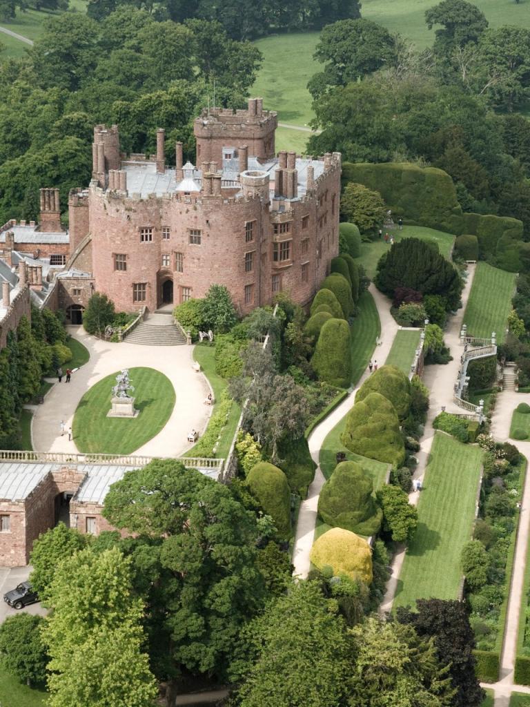 Aerial view of Powis Castle and the terraced gardens