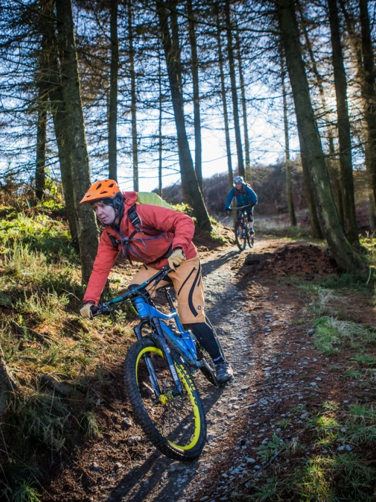 Mountainbiker auf einem unbefestigten Weg zwischen Bäumen in einem Wald.