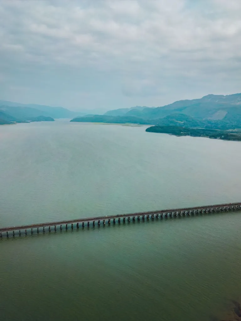 Aerial view of a long wooden viaduct crossing a wide estuary, with hills and cloudy sky beyond.