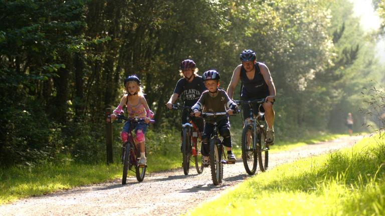 Family with two young children cycling along a forest trail.