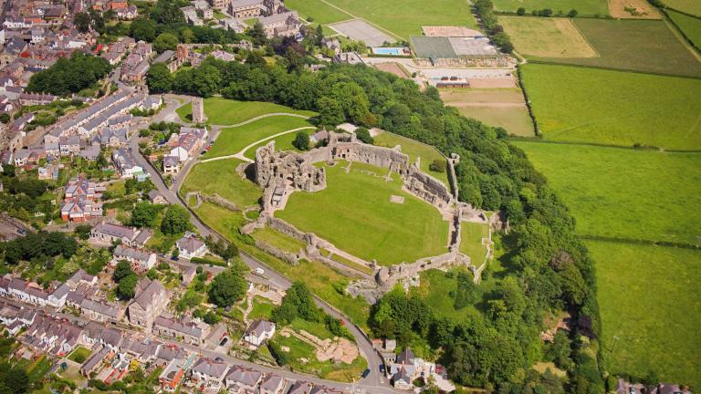 An aerial shot of Denbigh Castle.