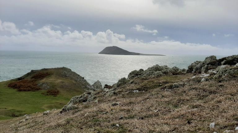 The view of Bardsey Island from the southwestern tip of the Llŷn Peninsula, Uwchmynydd.