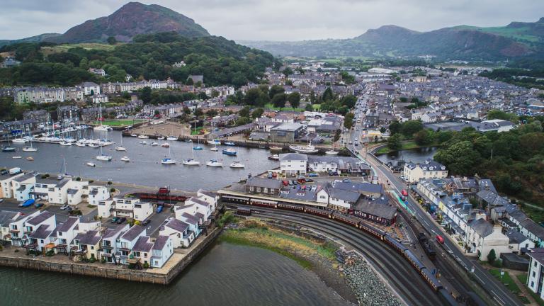 Porthmadog harbour and town from above.