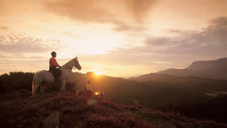 A person on a horse on top of a hill at sunset.