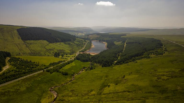 aerial photo of Brecon Beacons countryside.