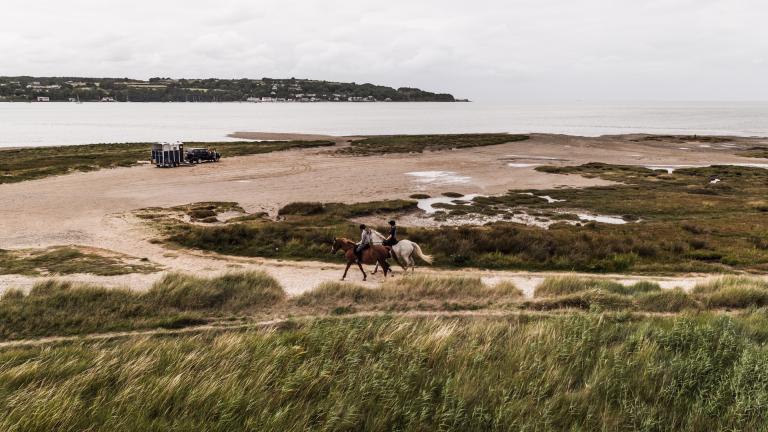 Horse riders on a beach.