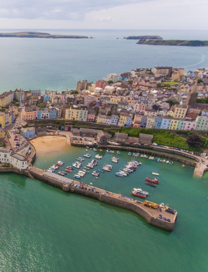 Aerial view of Tenby harbour, beach and town