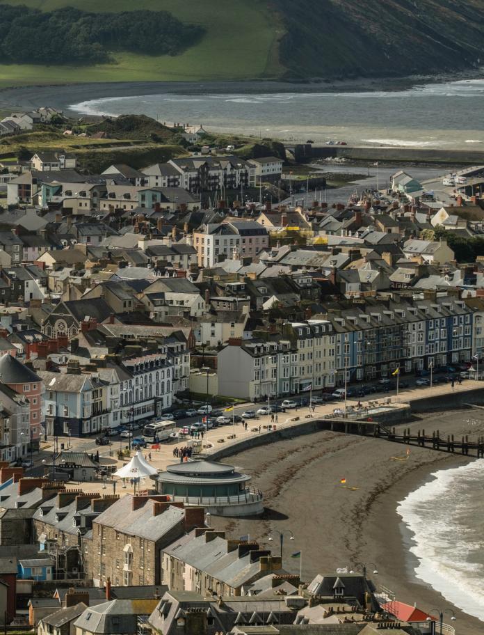 An aerial shot of Aberystwyth town and seafront.