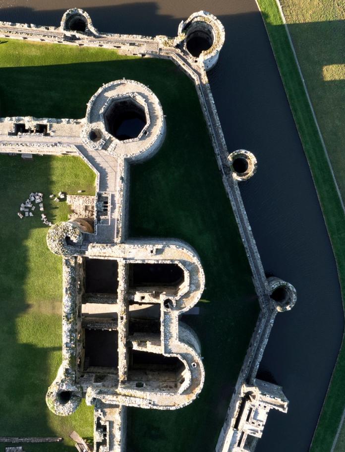 A direct aerial shot of the walls of a castle.