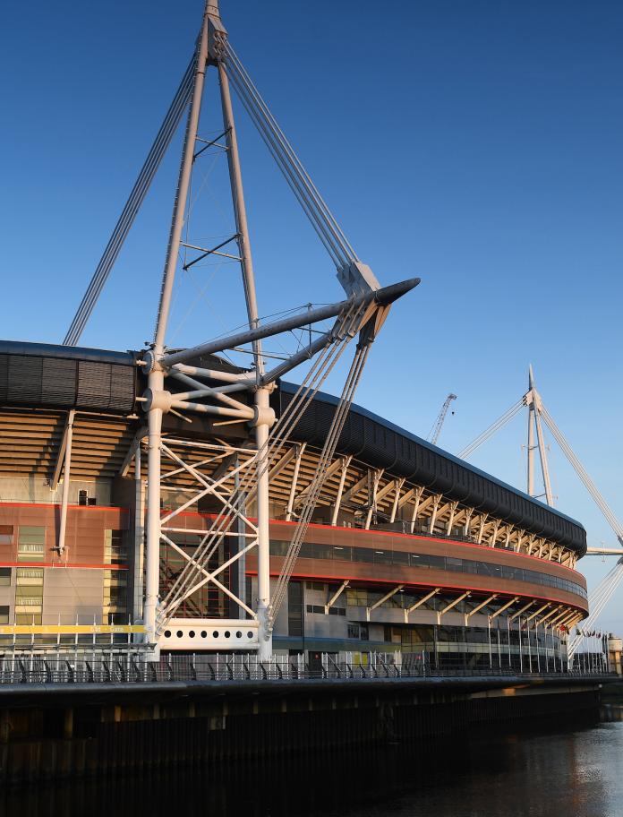 Outside Principality Stadium with the River Taff flowing beside it