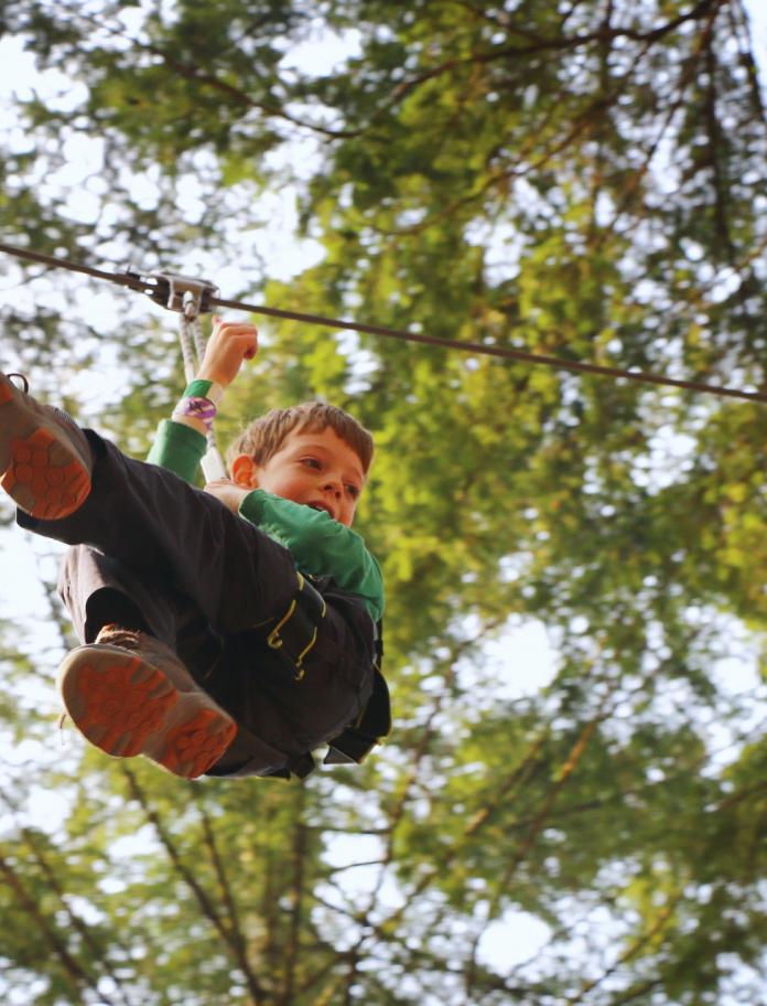 Small boy on a line at Zip World Fforest.