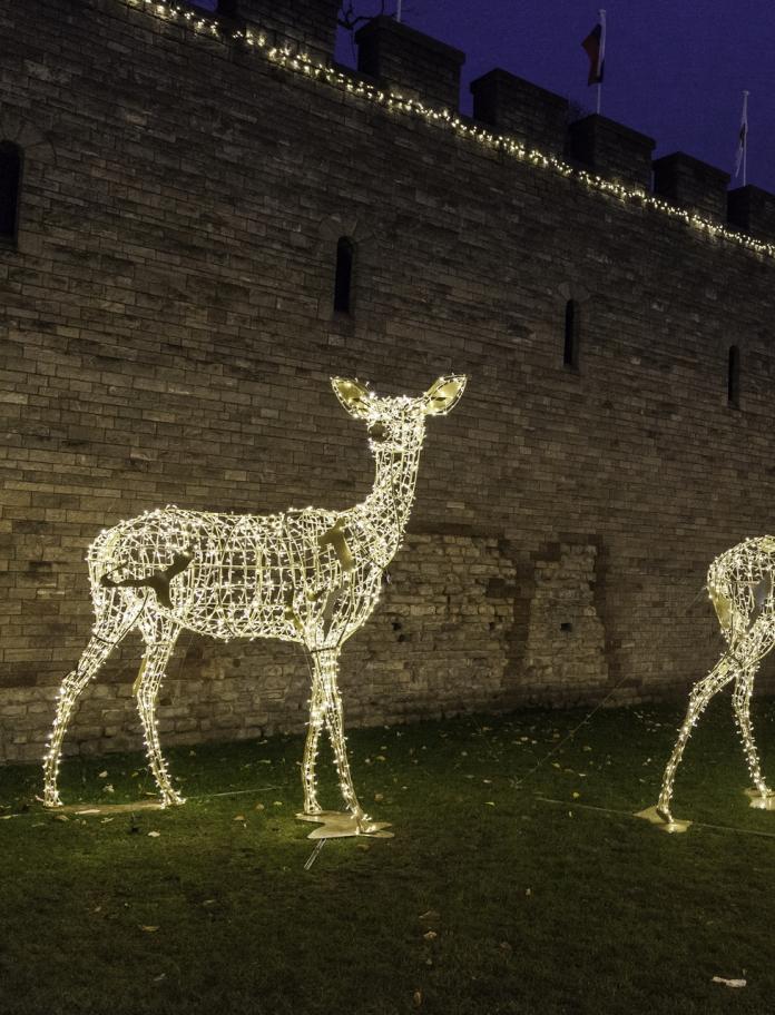 Große beleuchtete Weihnachtsdekoration aus Hirschen vor den Mauern des Cardiff Castle.