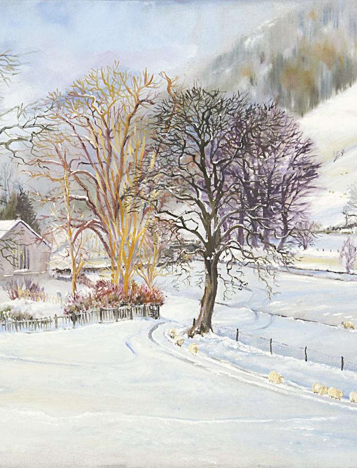Oil painting of a snowy landscape with trees and a building.