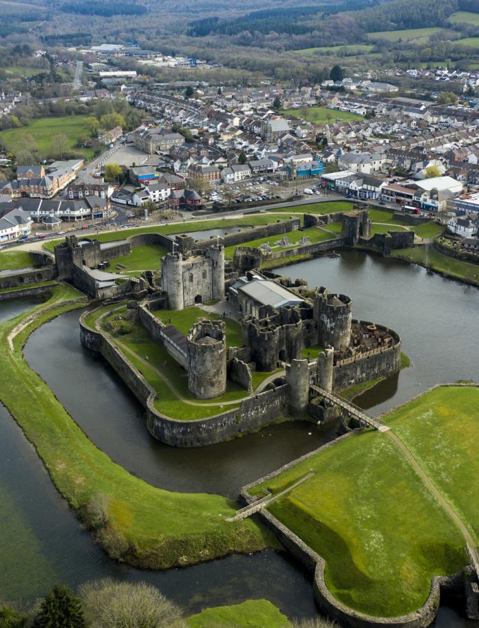 aerial view of castle and surrounding town.