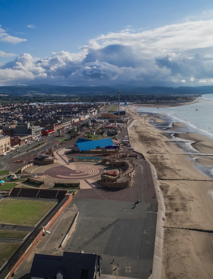 Aerial view of Rhyl seafront.