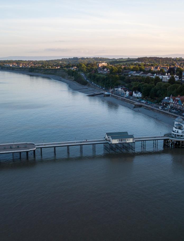 Aerial view of Penarth including the waterfront, pier, beach and sea