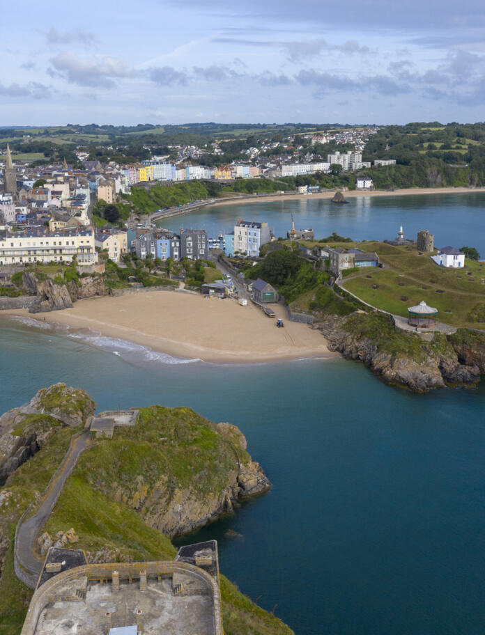 Aerial view of Tenby showing beaches, town and island.