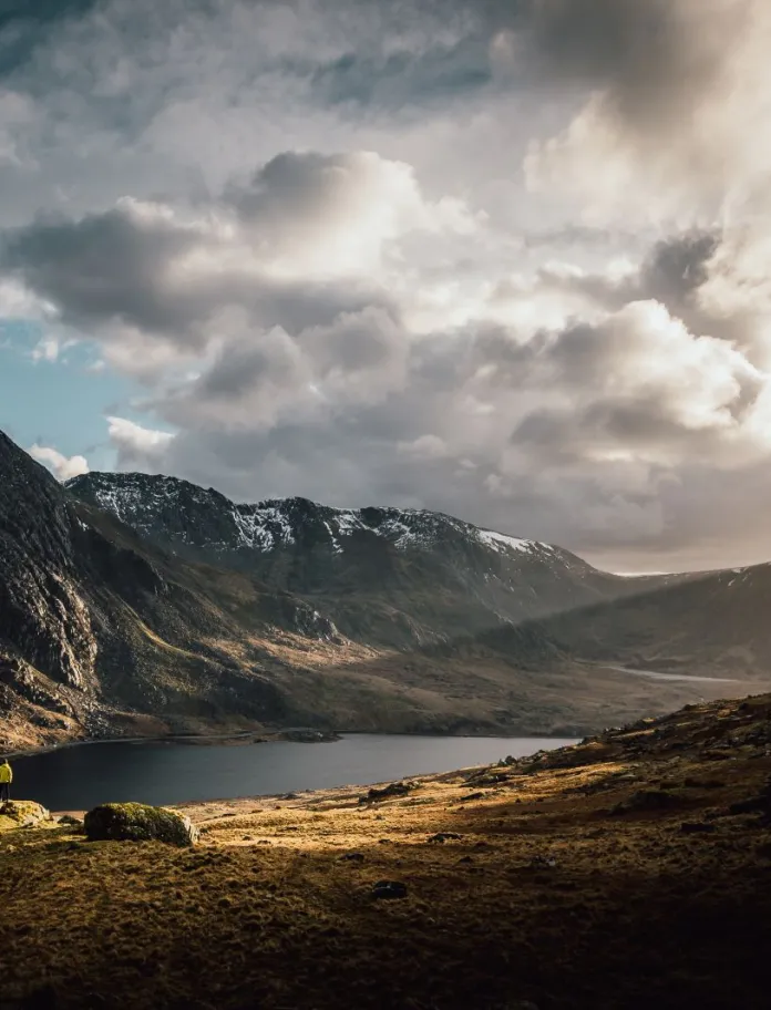 A lake surrounded by snow-capped mountains