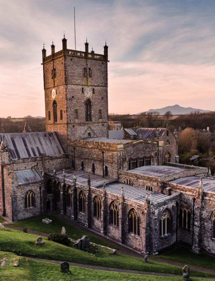 View of St Davids Cathedral at sunset