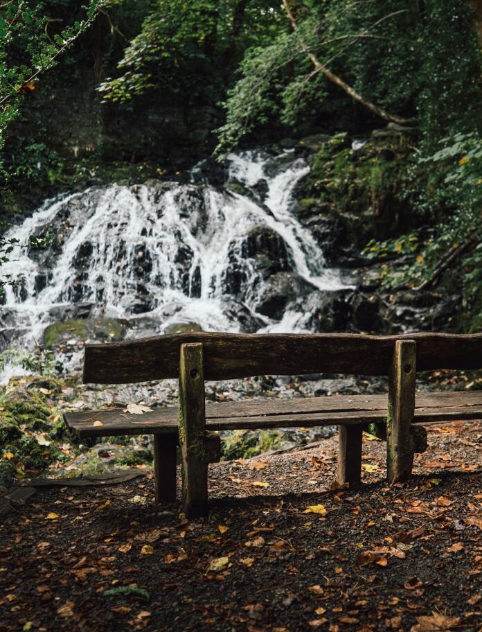 Wooden bench in front of waterfall.