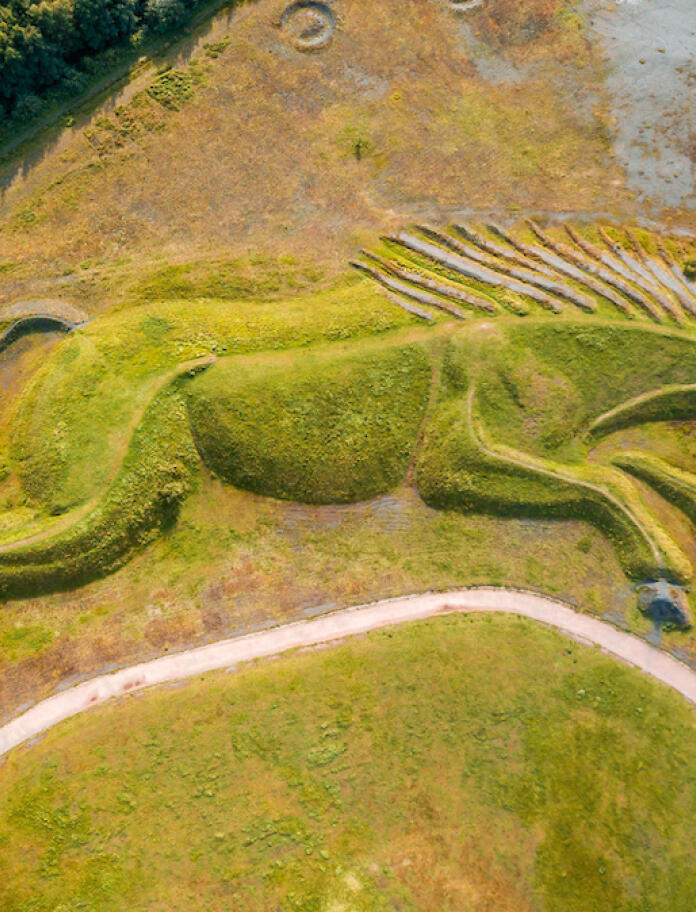 A huge ground sculpture of a pony covered in grass.