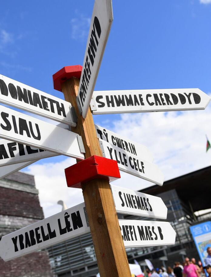 A wooden Welsh language signpost pointing to various places and events.