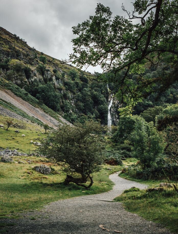 Befestigter Wanderweg umrahmt von Bäumen und Bergen mit einem Wasserfall im Hintergrund.