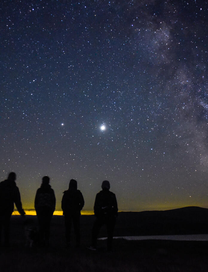 Five people stargazing just after sunset looking at the Milky Way and Jupiter.